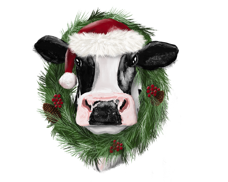 Christmas cow in Santa Hat wearing a wreath artwork by Sherry Hall