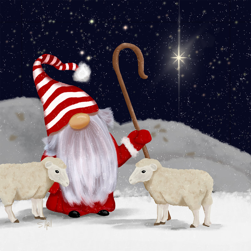 Christmas Gnome Shepherd with Sheep Artwork by Sherry Hall