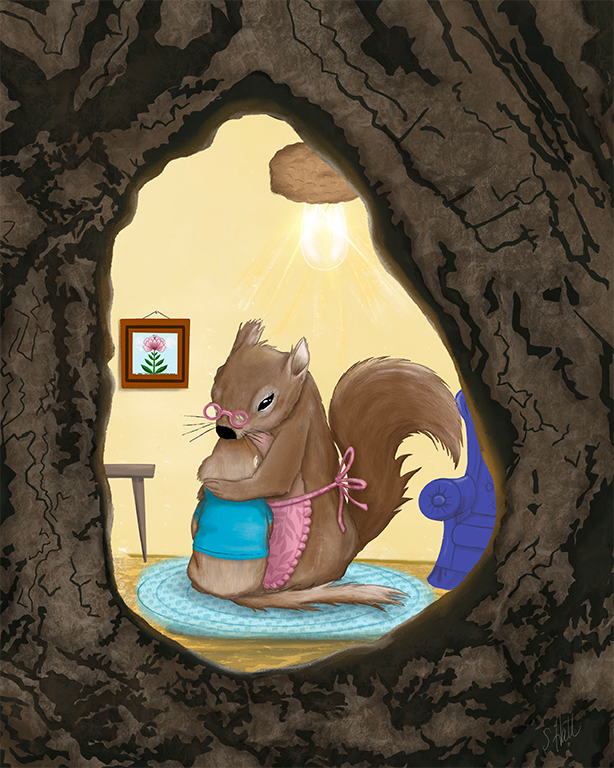 Mama and baby squirrel love artwork by Sherry Hall