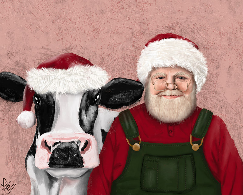 Mooey Christmas Y'all! Christmas Cow and Santa Claus Artwork by Sherry Hall