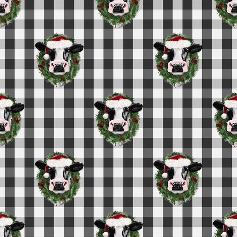 Christmas cow Black and White Gingham Pattern by Sherry Hall