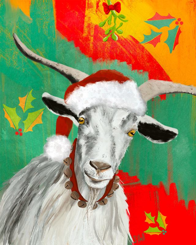 Free Christmas Kisses - Christmas Goat in Santa Hat Artwork by Sherry Hall