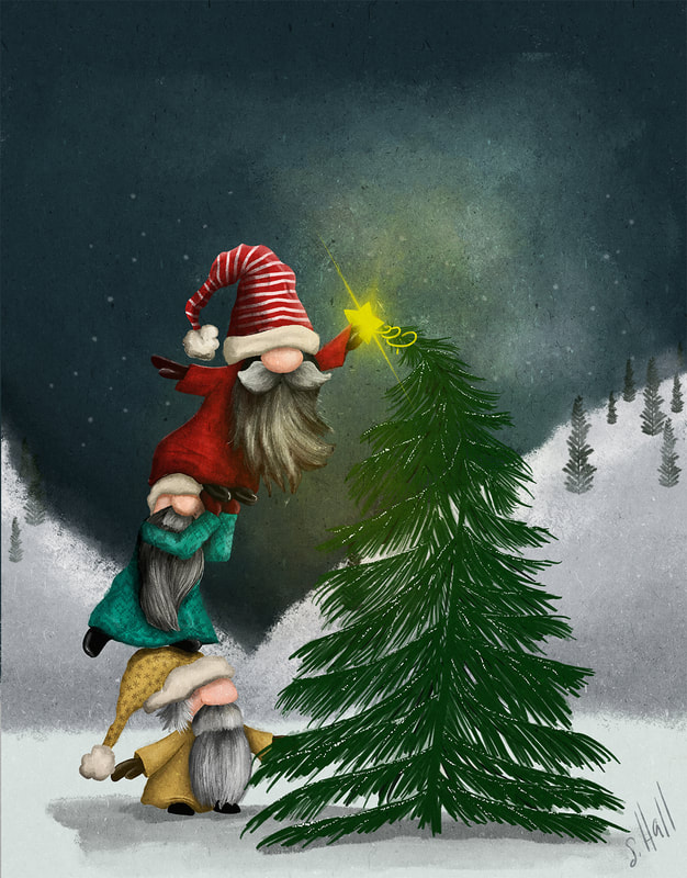 We Three Gnomes - Christmas Gnomes with Tree and Star Artwork by Sherry Hall