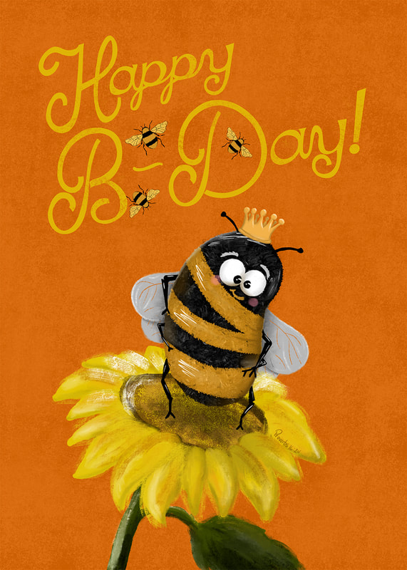 Bee Birthday Card Artwork by Sherry Hall; text reads Happy B-Day!