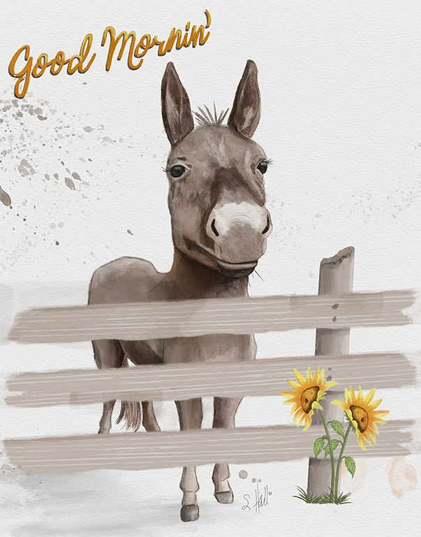 Mini Mule and Sunflowers artwork by Sherry Hall
